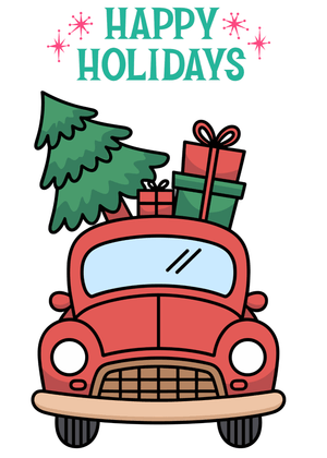 Happy Holidays Card: Festive Car with Gifts and Tree