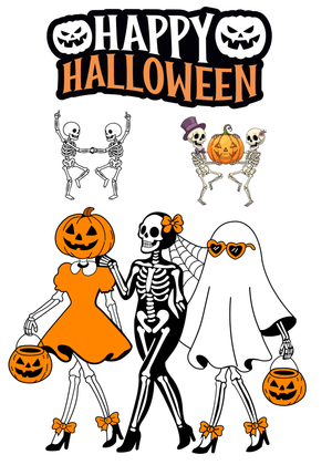 Halloween Canva Greeting Card: Halloween Skeletons and Pumpkin Faces