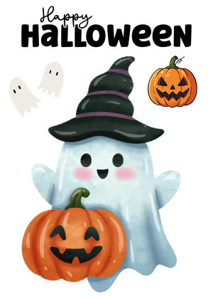Halloween Canva Greeting Card: Happy Halloween Ghost and Pumpkins