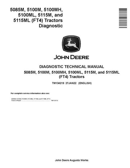 John Deere 5085M, 5100M, 5100MH, 5100ML, 5115M and 5115ML FT4 Tractors Diagnostic Manual (TM134219)