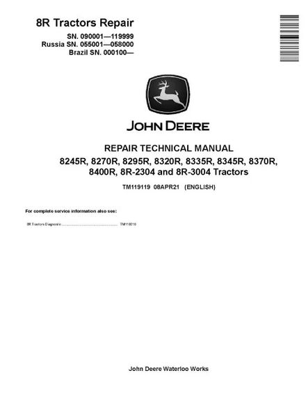 John Deere 8245R to 8400R, 8R-2304, 8R-3004 PDF Repair Manual TM119119