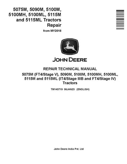 John Deere 5075M (FT4/S5) and 5090M, 5100M, 5100MH, 5100ML, 5115M, 5115ML (iT4/S3B, FT4/S4) from MY2
