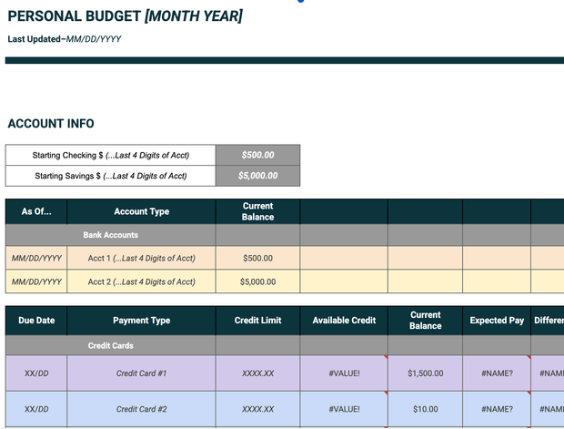 Personal Monthly Budget Template