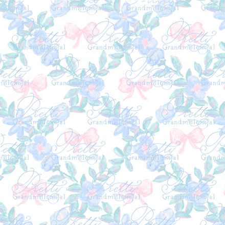 Preppy Trellis Blue Flowers with Pink Bows