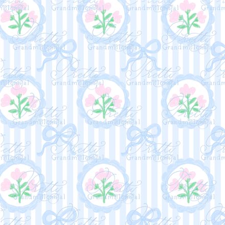 Preppy Coquette Bows and Floral on Blue Stripes