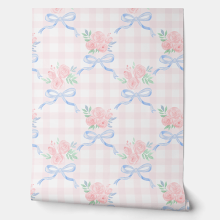 Preppy Gingham &amp; Bows Floral Wallpaper