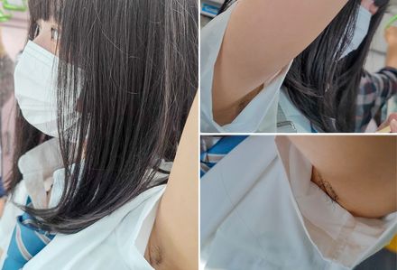 黒髪ロングの青チェ女子の未処理腋毛を超接写 Untreated armpit hair of a student with long black hair