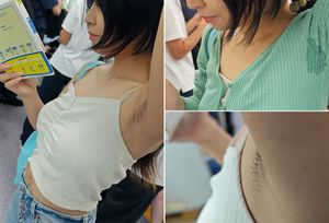 スレンダーなお姉さんの腋汗ストレッチと濃厚腋毛を超接写
