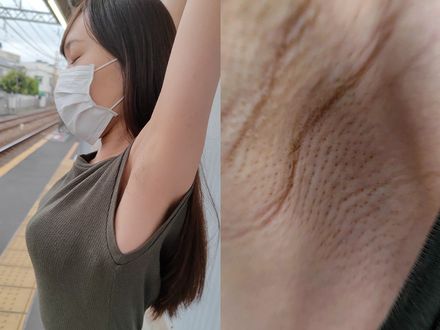 シワと毛穴がくっきり…ノースリーブ美女の味わい深すぎる色素沈着ジョリ腋を超接写 A close-up of a sleeveless beauty&#x27;s pigmented armpits