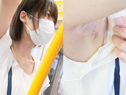 つり革女子のフリルから覗くえげつないジョリ腋と腋毛を長尺超接写 Super close-up of armpit hair peeking out from frilly sleeves