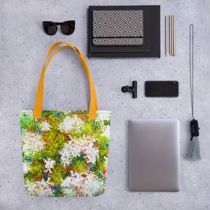 83 WHITE FLORAL ALL OVER PRINT TOTE BAG 15 X 15