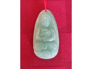Teardrop Carved Buddha Green Jade Pendant w/ Red Cord