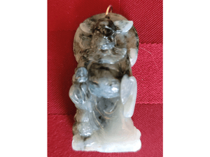 Mottled Green &amp; Black Carved Kwan Kung Deity Jade Pendant