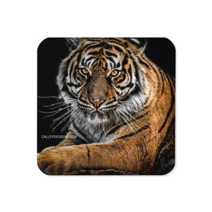 ATTENTIVE TIGER CORK BACK COASTER 3.74 X 3.74