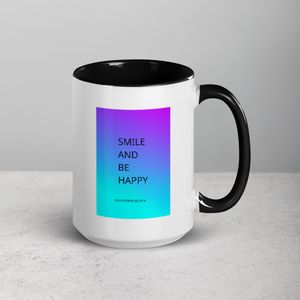 SMILE AND BE HAPPY WHITE CERAMIC MUG WITH INSIDE COLOR 15 OZ