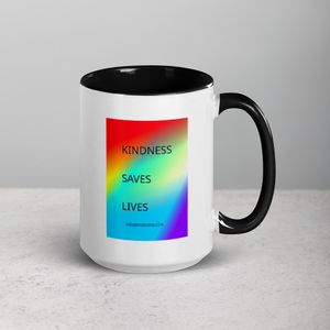 KINDNESS SAVES LIVES WHITE CERAMIC MUG WITH INSIDE COLOR 15 oz