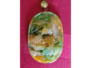 Mottled Green &amp; Brown Carved Jade Stone Pendant w/ Phoenix