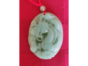 Oval Carved Green Jade Dragon Pendant w/ Red Cord Necklace