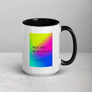 REST AND BE AT PEACE WHITE CERAMIC MUG WITH INSIDE COLOR 15 0Z
