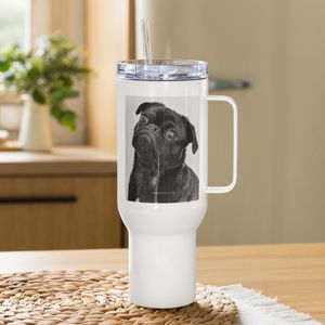 BLACK SMUG FACE PUPPY TRAVEL MUG WITH HANDLE 40 OZ