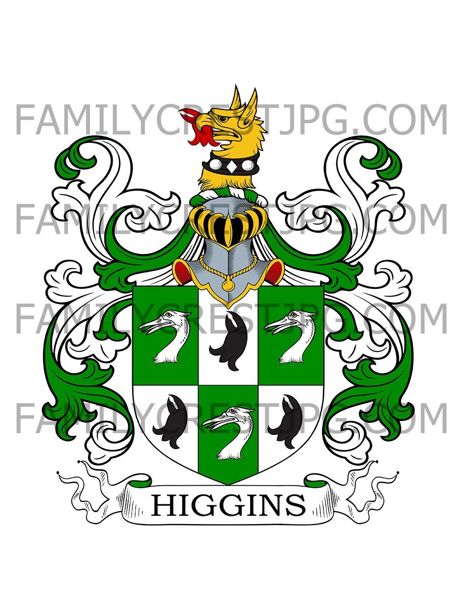 Higgins Family Crest - Moreton Jeffries, co. Herefordshire, England