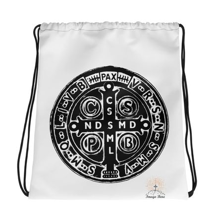 Drawstring Bag, St. Benedict Medal, 4ouume design, black