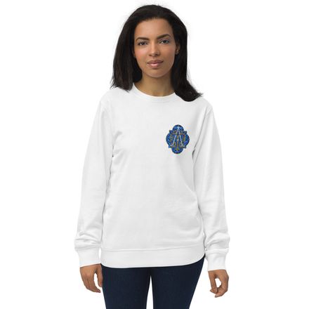 Embroidered Unisex Organic Sweatshirt, Auspice Maria, Crest with rounded Cross, u3bkt0, left chest