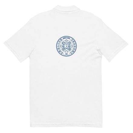 Unisex Pique Polo Shirt, St. Benedict Medal, filt5a design, blue, with back image