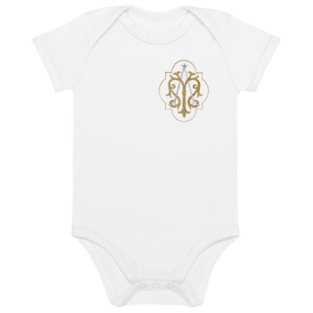 Organic Cotton Baby Bodysuit, Auspice Maria, Crest with outer edge, kdegvj, left chest