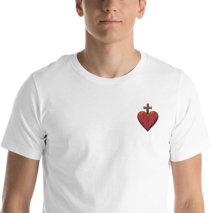 Embroidered Unisex Staple T-Shirt, Sacred Heart of Jesus, 9i93k9 design, left chest
