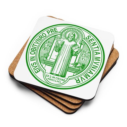 Cork-Back Coaster, St. Benedict Medal, debxwe design, green