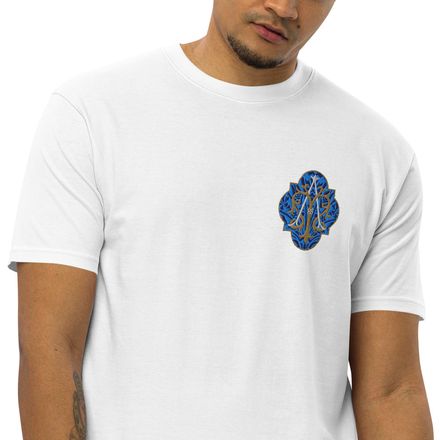 Embroidered Men&#x27;s Premium Heavyweight Tee, Auspice Maria, Crest with rounded Cross, u3bkt0, left