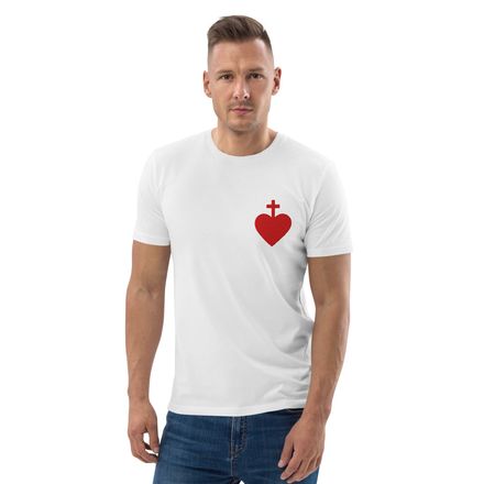 Embroidered Unisex Organic Cotton T-Shirt, Sacred Heart of Jesus, 7ugqf9 design, left chest