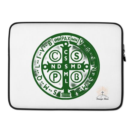 Laptop Sleeve, St. Benedict Medal, oih8m5 design, green