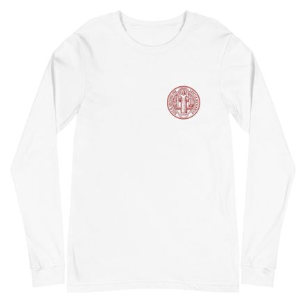 Embroidered Unisex Long Sleeve Tee, St. Benedict Medal, debxwe design, red, left chest