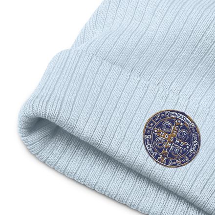 Ribbed Knit Beanie, St. Benedict Medal, 4ouume design