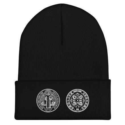 Cuffed Beanie, St. Benedict Medal, filt5a design, white