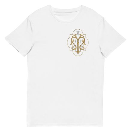 Men&#x27;s Premium Cotton T-Shirt, Auspice Maria, Crest with outer edge, kdegvj, left chest