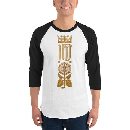 Unisex 3/4 Sleeve Raglan Shirt, IHS Stripe With Crown and Monstrance, vw6yal