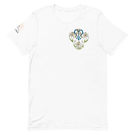 Unisex Staple T-Shirt, Auspice Maria, Crest with flowers, qfko6t, left chest