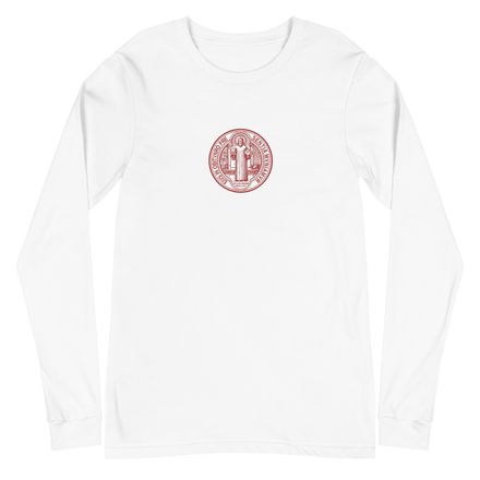 Embroidered Unisex Long Sleeve Tee, St. Benedict Medal, debxwe design, red