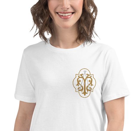Embroidered Women&#x27;s Relaxed T-Shirt, Auspice Maria, Crest with outer edge, kdegvj, left chest