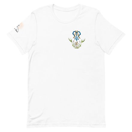 Unisex Staple T-Shirt, Auspice Maria, Crest with bottom flowers, ber1mq, left chest