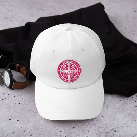Classic Dad Hat, St. Benedict Medal, qiretu design, pink