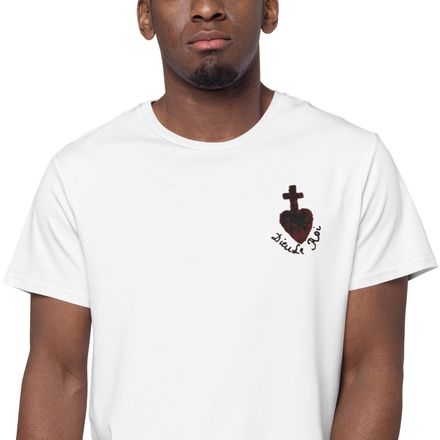 Embroidered Men&#x27;s Premium Cotton T-Shirt, Sacré Coeur, Dieu de Roi, Vendée, obymh4 design,left chest