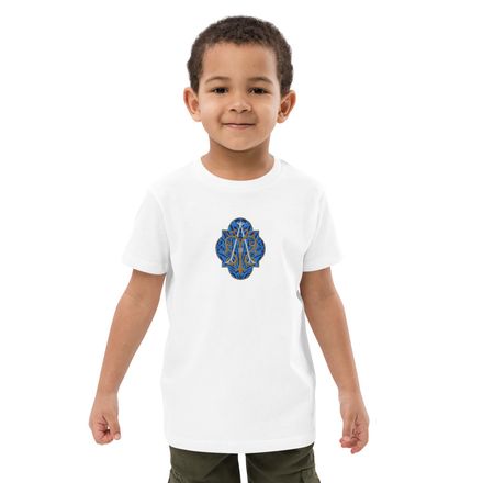 Embroidered Organic Cotton Kids T-Shirt, Auspice Maria, Crest with rounded Cross, u3bkt0