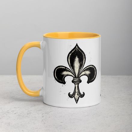 White Ceramic Mug with Color Inside, 11oz &amp; 15oz, Fleur de Lys, vyheul 