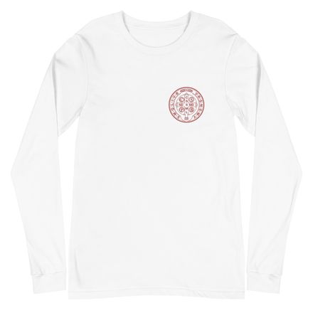 Embroidered Unisex Long Sleeve Tee, St. Benedict Medal, 16k4ku design, red, left chest
