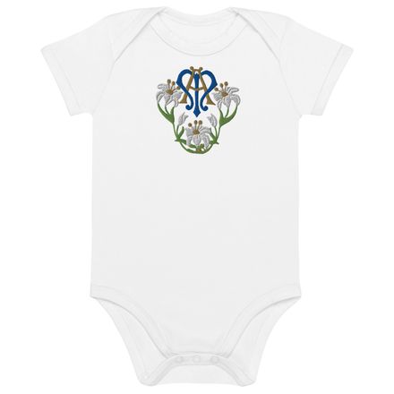 Embroidered Organic Cotton Baby Bodysuit, Auspice Maria, Crest with flowers, qfko6t 