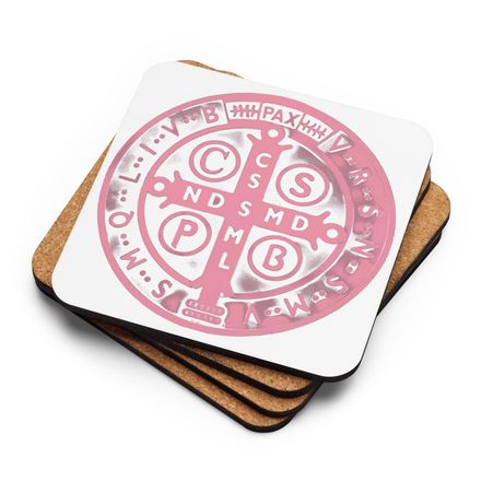 Cork-Back Coaster, St. Benedict Medal, oih8m5 design, pink